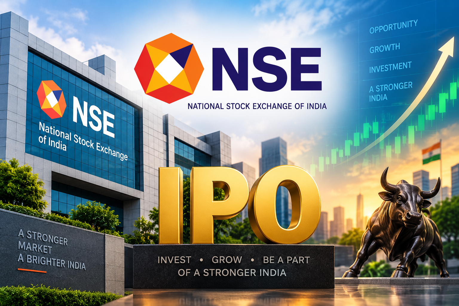 NSE IPO 2026 featuring National Stock Exchange building and IPO market graphic
