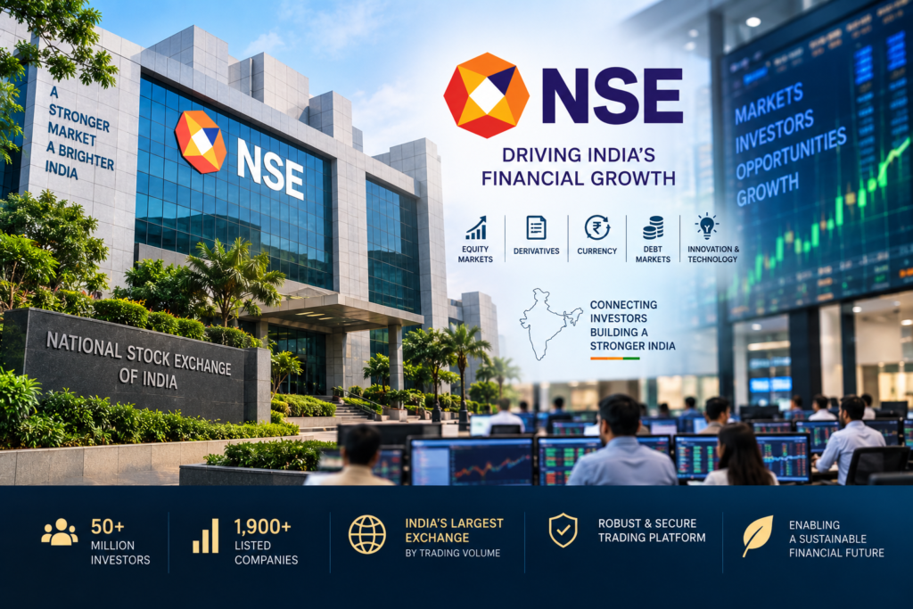 NSE business overview showing National Stock Exchange building, financial markets and trading technology